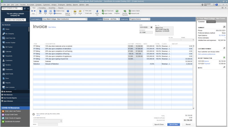 QuickBooks Desktop invoice from sample company file.