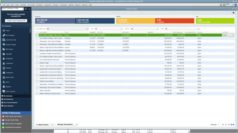 QuickBooks Desktop Income Tracker screenshot for a sample company.