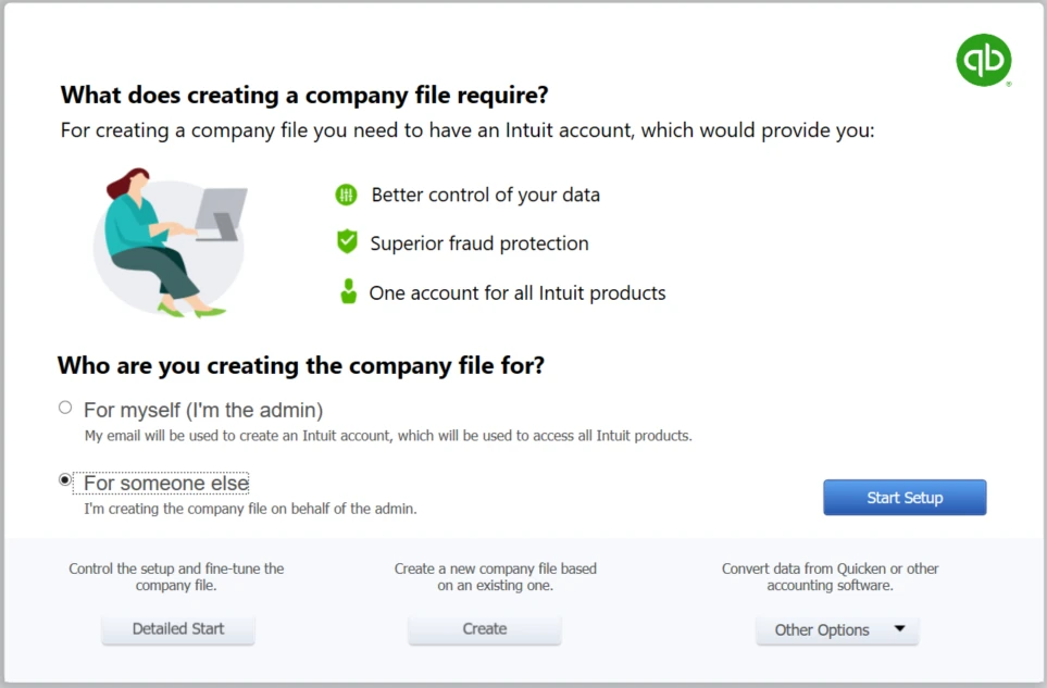 QuickBooks opening screen when setting up a new company