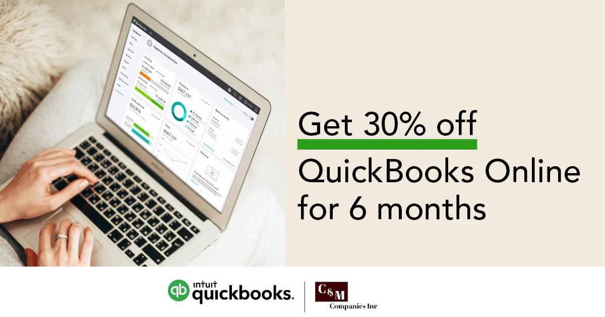 Banner ad for QuickBooks Online subscription 30% off for 6 months.